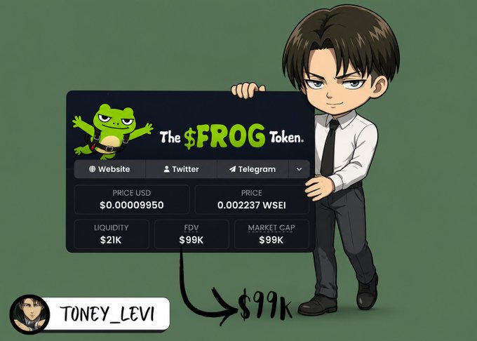 An anime-style character holding a sign promoting 'The $FROG Token' with a green frog mascot, displaying a price of $0.00009950, liquidity of $21K, FDV of $99K, and market cap of $99K, watermarked 'TONEY_LEVI'.