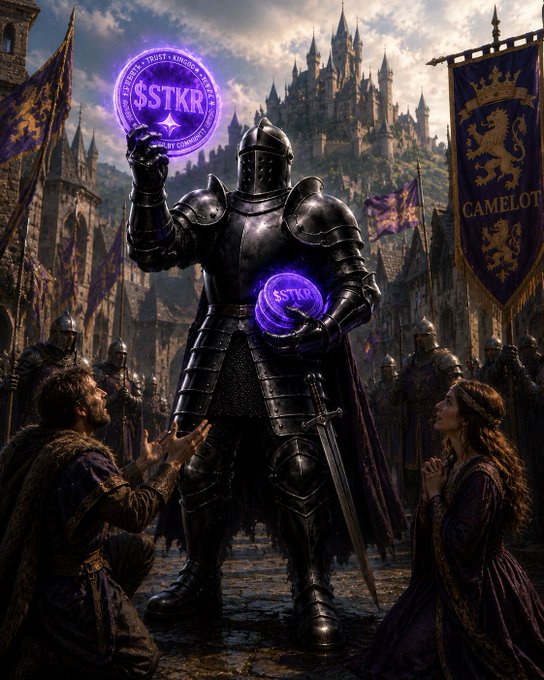 A dark fantasy digital artwork depicting a knight in black armor holding glowing purple emblems reading '$STKR' in front of a castle with banners labeled 'CAMELOT', while kneeling figures look on.
