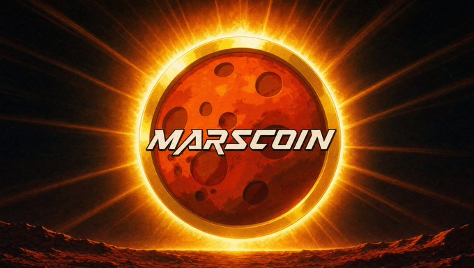 A stylized red Mars-like planet emblazoned with the word "MARSCOIN" glows with a fiery golden aura above a dark, rocky horizon. The image's dramatic cosmic imagery and the "MARSCOIN" branding align with the post's tone of inevitable foresight, evoking a sense of futuristic destiny and inevitable rise.
