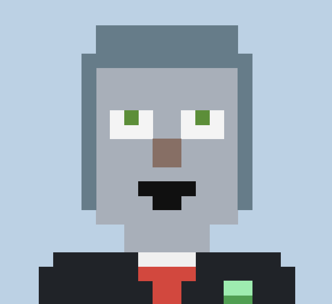 A pixel-art image depicts a gray-skinned character with green eyes wearing a black suit, white shirt, and red tie, accessorized with a red and green tie pin. The formal, business-like appearance of the avatar aligns with the post's claim of the item's value—11K over 6 ETH—suggesting the outfit is a rare or valuable NFT collectible.