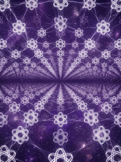 A purple cosmic kaleidoscope features repeating atom-like symbols radiating from the center against a starry nebula background, visually representing the atomic and decentralized network concept behind Proton ($XPR) by Proton Network.