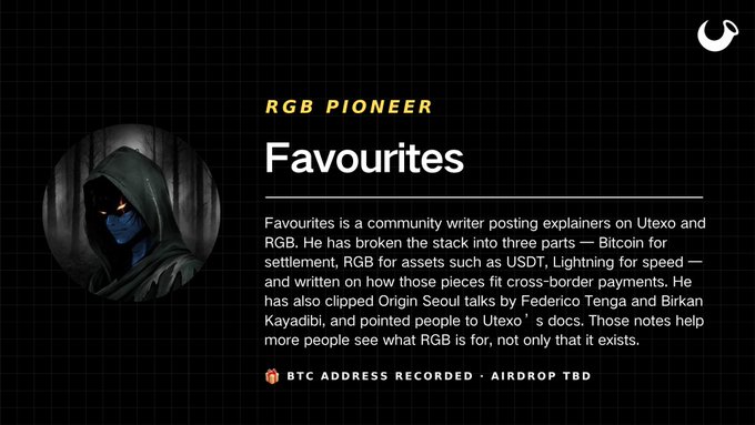 A profile card titled 'RGB PIONEER Favourites' describes a community writer who posts explainers on Utexo and RGB, covering topics like Bitcoin settlement, USDT, and Lightning, noting 'BTC ADDRESS RECORDED - AIRDROP TBD'.