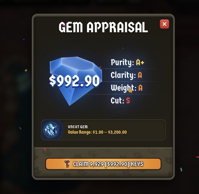 A "Gem Appraisal" screen displays a blue gem valued at $992.90, with ratings of A+ Purity, A Clarity, A Weight, and S Cut, alongside a value range of $1.00 – $3,200.00 and an offer to claim 9,929 ($992.90) Keys, fitting the "never stop fishing" theme by highlighting a successful gem catch.