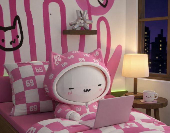 A pink and white plush cat-like character wearing a hoodie with the number '69' sits on a bed using a pink laptop, surrounded by matching '69' patterned pillows and bedding.