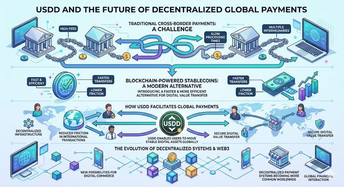The image presents a colorful graphic illustrating various stages of cross-border payments using traditional payment systems such as banks, credit cards or wire transfers. The process involves several intermediaries and takes a considerable amount of time due to manual processes and higher fees. In contrast, blockchain-powered stablecoins provide a faster, more efficient alternative with lower fees and fewer intermediaries. As a result, these digital assets allow for smoother global payments and reduced transaction costs compared to traditional payment systems.