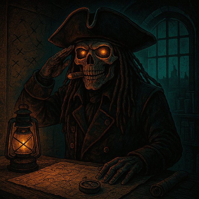 A dark, atmospheric digital illustration of a skeletal pirate captain with glowing orange eyes, wearing a tricorn hat and long coat, smoking a cigar while seated at a table with an antique lantern, a compass, and an old nautical map.