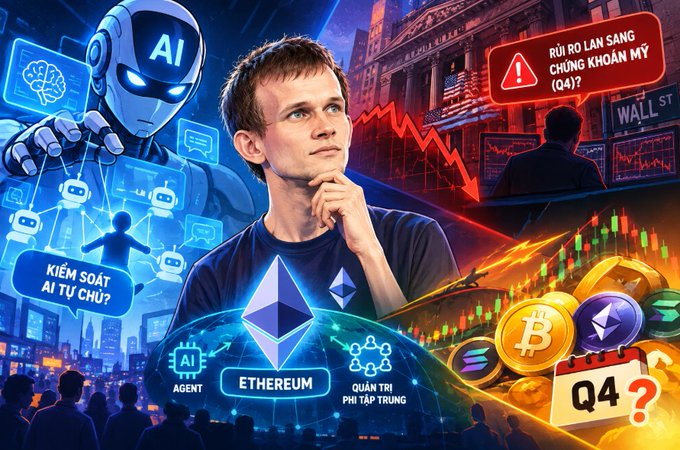 Digital collage featuring Vitalik Buterin in the center, an AI robot on the left, and Ethereum/Bitcoin imagery, with Vietnamese text asking 'RỦI RO LAN SANG CHỨNG KHOÁN MỸ (Q4)?' and 'KIỂM SOÁT AI TỰ CHỦ?'.