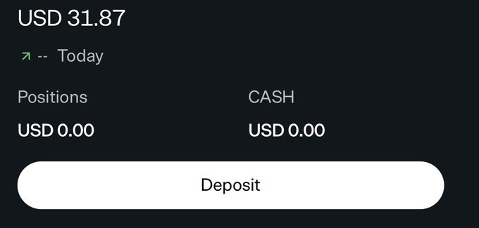 The image shows a trading or betting account dashboard displaying a balance of USD 31.87 with no current positions or cash allocated, along with a "Deposit" button. This aligns with the post celebrating receiving $32 to place a bet on @world_xyz, likely representing the newly funded account ready for wagering.