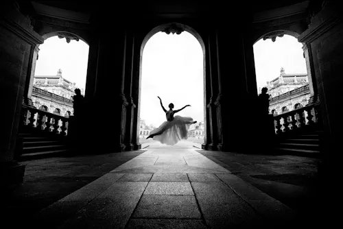 A black and white silhouette photograph of a ballerina in a tutu posed mid-dance within an ornate arched doorway of a classical building.
