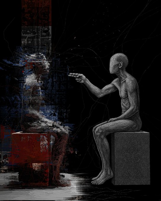A dark, abstract digital painting of a pale, hairless humanoid figure sitting on a grey block, reaching toward a distorted, glitchy figure across from it against a black background with red and blue textures.