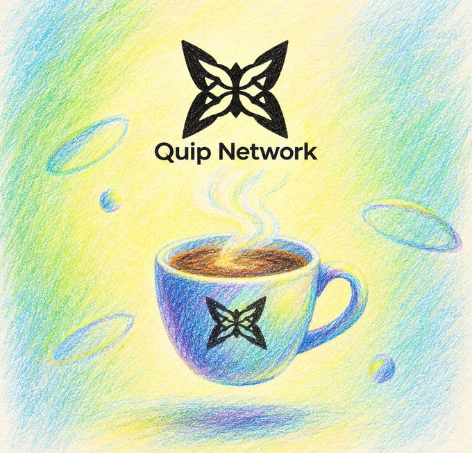 A colorful colored-pencil illustration showing a steaming cup of coffee with a butterfly design, branded with 'Quip Network' logo above it.