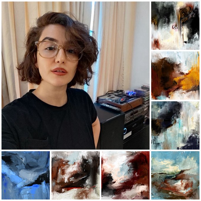 A woman with short brown hair and glasses poses next to vintage stereo equipment, accompanied by a collage of six abstract paintings in muted tones.