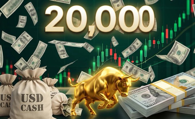 A bold promotional graphic features the text "20,000" prominently displayed above a golden bull, stacks of $100 bills, and a "USD CASH" money bag, set against a backdrop of green and red candlestick charts to convey financial gains. The image visually reinforces the post's promise of a $20,000 cash prize giveaway, using classic bull market imagery and falling currency to attract XRP Army participants to comment "XRP."