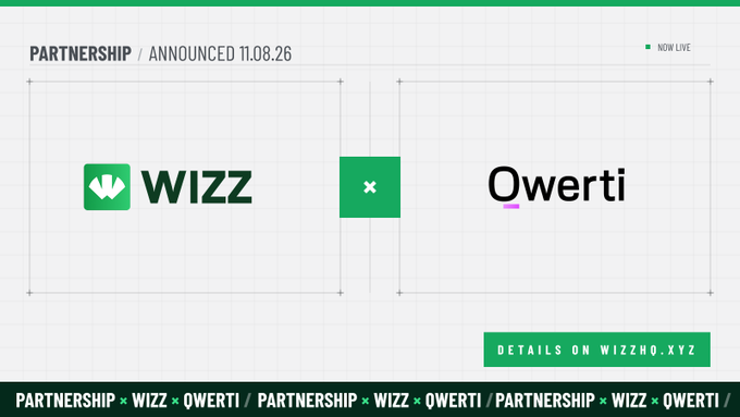 The image displays a partnership announcement between WIZZ and Qwerti, dated 11.08.26 and marked "NOW LIVE," with the tagline "DETAILS ON WIZZHO.XYZ," visually representing the collaboration mentioned in the post about enabling direct $WIZZ purchases via Qwerti's DeFAI aggregation layer.