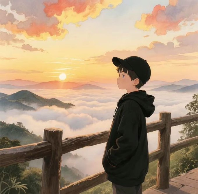 An anime-style illustration of a boy in a black hoodie and cap standing by a wooden railing, watching a sunset over a sea of clouds and distant mountains.