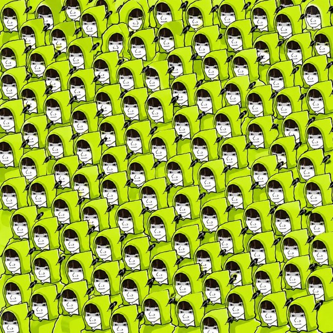 A repeating pattern illustration featuring identical cartoon faces of a girl with dark hair wearing a green hood.