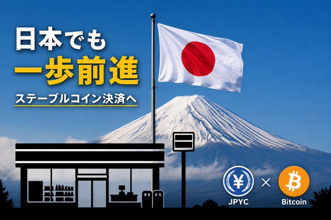 The image shows Mount Fuji with the Japanese flag waving in the foreground, alongside a silhouette of a Lawson convenience store and logos for JPYC and Bitcoin, with the text "日本でも一歩前進 ステーブルコイン決済へ" (One Step Forward in Japan Too - Toward Stablecoin Payments), visually tying the article's announcement of Lawson's proof-of-concept JPYC stablecoin payments to a forward-looking shift in Japan's everyday commerce.
