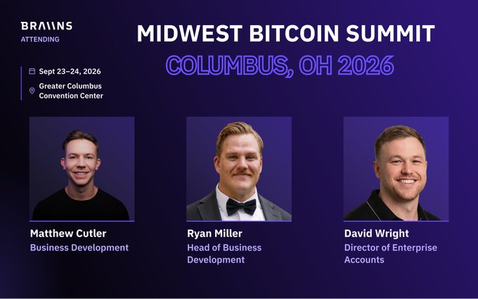 Braiins announces its attendance at the Midwest Bitcoin Summit in Columbus, OH (Sept 23–24, 2026) at the Greater Columbus Convention Center, featuring team members Matthew Cutler (Business Development), Ryan Miller (Head of Business Development), and David Wright (Director of Enterprise Accounts), with Cutler scheduled to speak on "Mining: The Beating Heart of Bitcoin" at booths 839B + 841B.