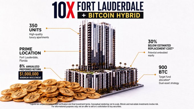 Promotional graphic for "10X Fort Lauderdale + Bitcoin Hybrid," a Cardone Capital real estate project featuring a high-rise building in Fort Lauderdale, Florida, highlighting 350 luxury units, an 8% annualized preferred return with a $1,000,000 minimum investment, 30% below estimated replacement cost, and a target fund allocation increased from 350 BTC to 900 BTC for a dual-asset strategy.