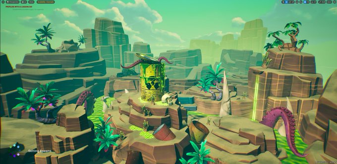 A vibrant low-poly 3D video game environment featuring stylized desert terrain, palm trees, tentacles, and a glowing tower in the center.