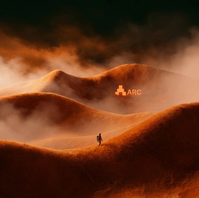 A misty, orange-toned landscape with rolling hills, a small astronaut figure walking, and the "ARC" logo floating in the air.
