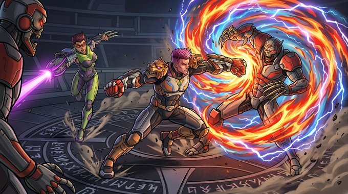 An illustration of comic book characters in armored suits, including one wielding a fiery power and another shooting a pink energy beam, engaged in a battle on a stone floor inscribed with runes.