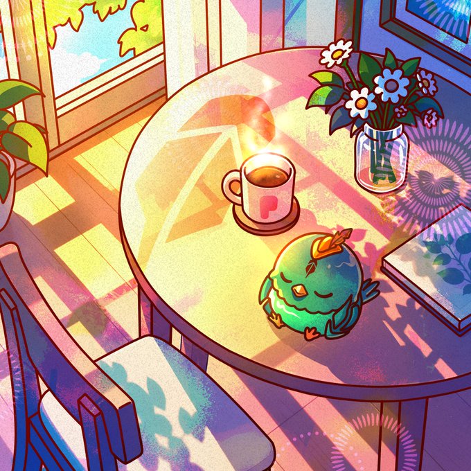 An anime-style illustration shows a cozy sunlit corner with a round table holding a steaming mug, a small green creature with a leaf on its head, and a vase of flowers.