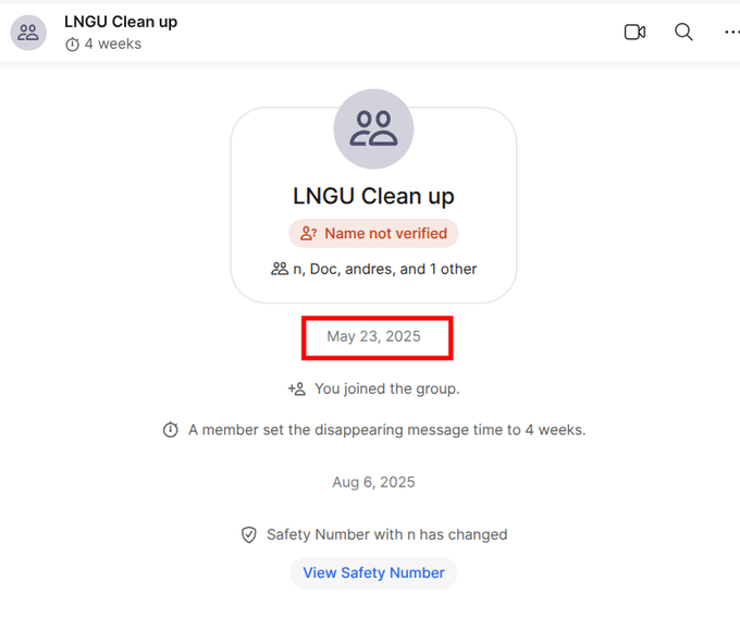 A Signal group chat screenshot showing "LNGU Clean up" group created on "May 23, 2025" (highlighted in red) with members listed as n, Doc, andres, and 1 other.