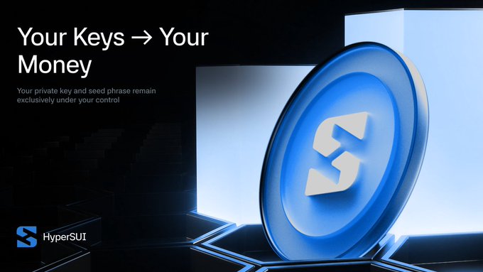 A marketing image for HyperSUT featuring a glowing blue coin/token with the text 'Your Keys → Your Money' and 'Your private key and seed phrase remain exclusively under your control.'