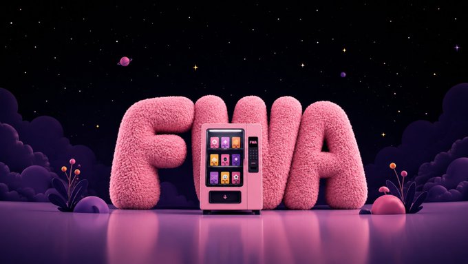 The image shows a pink vending machine stocked with colorful plush toys, displayed in front of large fuzzy pink letters spelling "FWA" against a starry purple night sky. This whimsical, playful scene likely serves as a teaser announcement for Fake World Assets (FWA), a crypto project launching on fwa(dot)fun, with the vending machine symbolizing the ability to purchase or mint digital assets once purchases go live at 3pm EST.