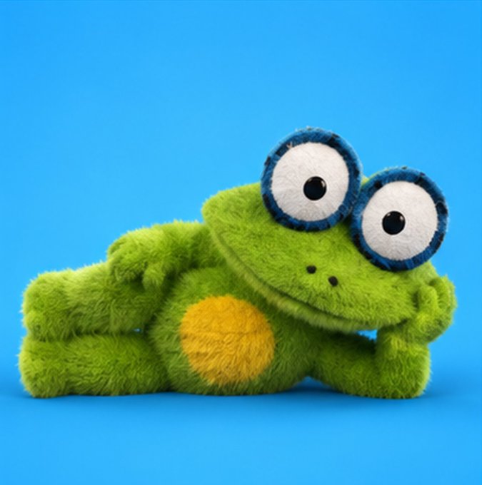 A 3D rendering of a green, furry cartoon frog character with large, expressive blue-rimmed eyes and a yellow belly, lying on a blue surface.