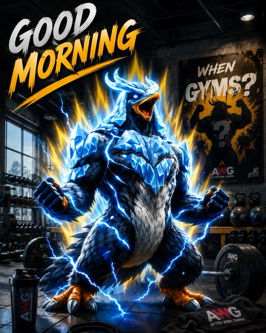 The image features a powerful, electrified blue dragon-like creature flexing in a gym setting, with the bold text "GOOD MORNING" in the upper left. Gym-themed motivational posters in the background read "WHEN GYMS?" and display "AWG - AFTER WORK GAMING," aligning with the post's greeting to @illuviumio.