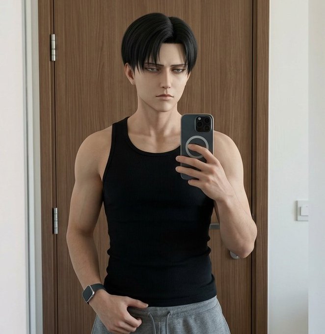 The image features a young man taking a selfie with his cell phone, wearing a black tank top and gray sweatpants. The photo captures him from the front side of his body, showcasing his muscular torso. The caption reads "GN CT Monday done", indicating that this is a Monday morning for the individual who took the picture.