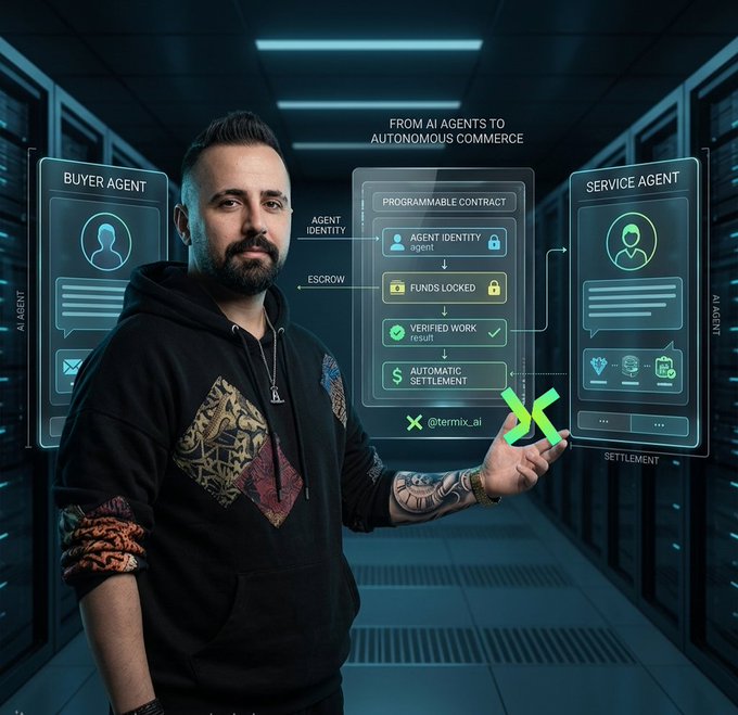 A man stands in a dark server room, appearing to interact with floating holographic UI panels titled 'BUYER AGENT', 'PROGRAMMABLE CONTRACT', and 'SERVICE AGENT', illustrating 'AUTONOMOUS COMMERCE' with the handle '@termix.ai'.