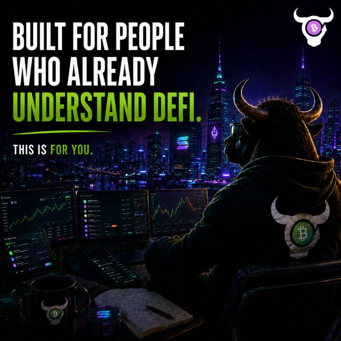 A cryptocurrency advertisement reading 'BUILT FOR PEOPLE WHO ALREADY UNDERSTAND DEFI. THIS IS FOR YOU' featuring a hooded figure with horns looking at multiple trading monitors displaying charts.