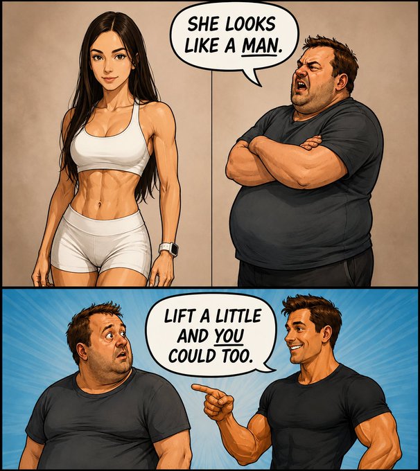 A two-panel comic where an angry man says 'SHE LOOKS LIKE A MAN' about a fit woman, and a fit man responds 'LIFT A LITTLE AND YOU COULD TOO.'