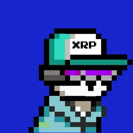 A pixel art character wearing a teal cap with 'XRP' written on it, set against a solid blue background.