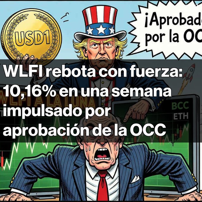 A Spanish-language illustration with cartoon Uncle Sam and Trump figures, with text reading 'WLFI rebota con fuerza: 10,16% en una semana impulsado por aprobación de la OCC' (WLFI rebounds strongly: 10.16% in a week driven by OCC approval).