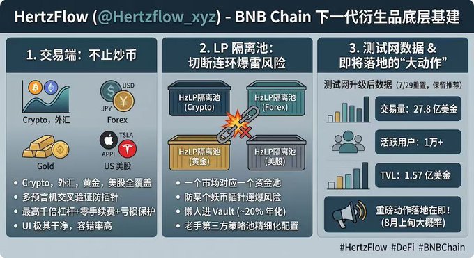 A Chinese-language infographic about HertzFlow on BNB Chain, detailing trading, LP isolation pools, and test network data with metrics like 27.8 million gold in trading volume.