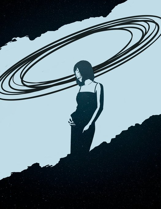 A stylized black silhouette illustration of a pregnant woman standing against a pale blue background, with concentric black rings resembling a planet's halo floating above her head.