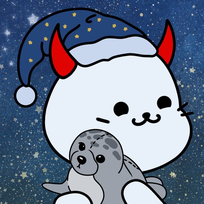 A cute cartoon cat wearing a blue starry nightcap and a small seal plushie appear against a starry night sky background. The cozy, sleepy imagery pairs with "GN FAM" (good night, family) as a warm, bedtime-themed goodnight post.
