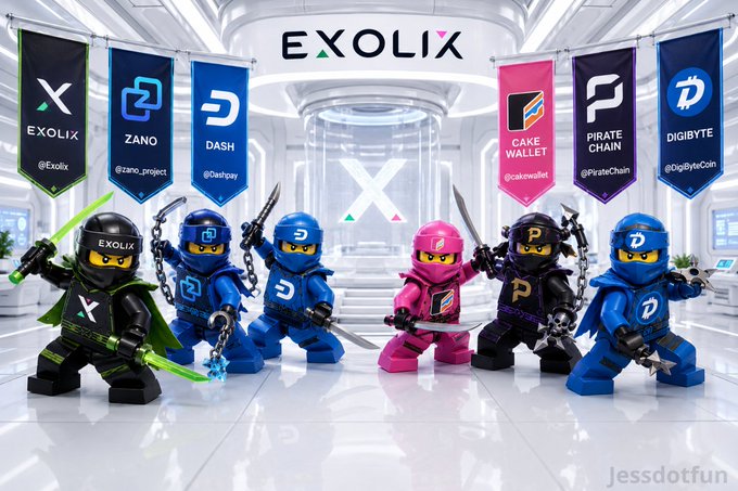 Promotional graphic for EXOLIX featuring ninja characters representing cryptocurrencies including ZANO, DASH, CAKE WALLET, PIRATE CHAIN, and DIGIBYTE, with handles @Exolix, @zano_project, @dashpay, @cakewallet, @PirateChain, and @DigiByteCoin.