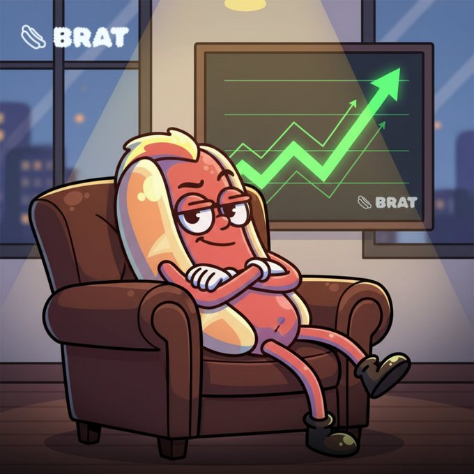 A smug hotdog character lounges confidently in an armchair, watching a glowing green "BRAT" chart with a sharp upward trend, suggesting that while the broader market may be volatile, $BRAT staking rewards are steadily climbing.