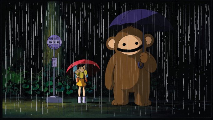 An anime-style illustration showing a young girl with a red umbrella standing next to a large monkey-like creature holding a purple umbrella in the rain, near a bus stop sign.