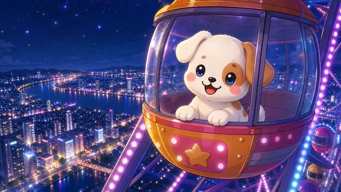 A cute white and brown cartoon puppy with big blue eyes smiles from inside a glowing pink and orange Ferris wheel cabin at night, overlooking a sparkling cityscape with a Ferris wheel in the background.