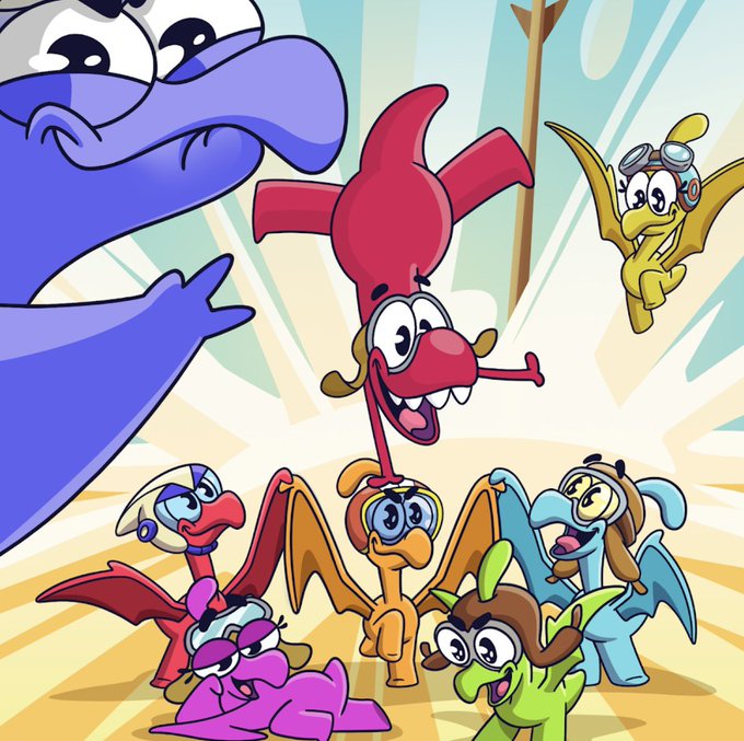 A colorful cartoon illustration featuring several whimsical creatures, including a red character, a blue character, and others wearing goggles and hats.