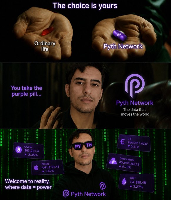 A meme-style promotional graphic for 'Pyth Network' referencing 'The Matrix,' showing a person choosing between an 'Ordinary life' red pill and the 'Pyth Network' purple pill, ending with a view of a person in sunglasses displaying cryptocurrency and financial data.