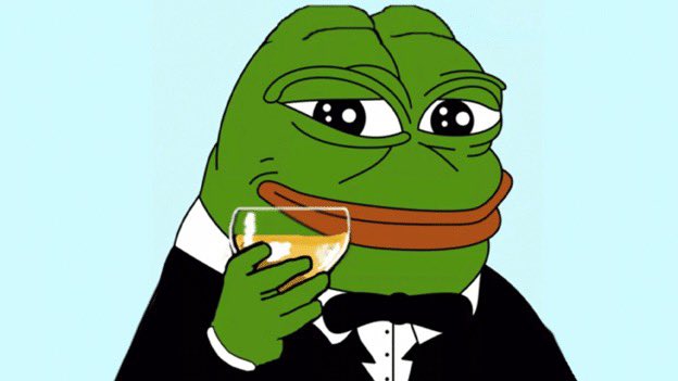 The image features a cartoon frog wearing a suit, tie, and bowtie holding a glass of wine with its mouth open wide. The background shows a blue sky, which complements the overall color scheme of the image. The caption "Billionaires love PEPE" is written above the frog's head, indicating that the image is related to the post about billionaires loving PEPE.