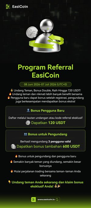 The image features a promotional poster for a coin called "EasiCoin". The poster displays an image of a person holding a silver coin, with the text "Program Referral EasiCoin" written above them. Below this, there are three bullet points providing information about the coin and its benefits. One of these bullet points mentions that the coin is available for purchase at the end of the month of June. The poster also includes a link to an event page where users can claim their exclusive bonus if they participate in the coin's promotion.