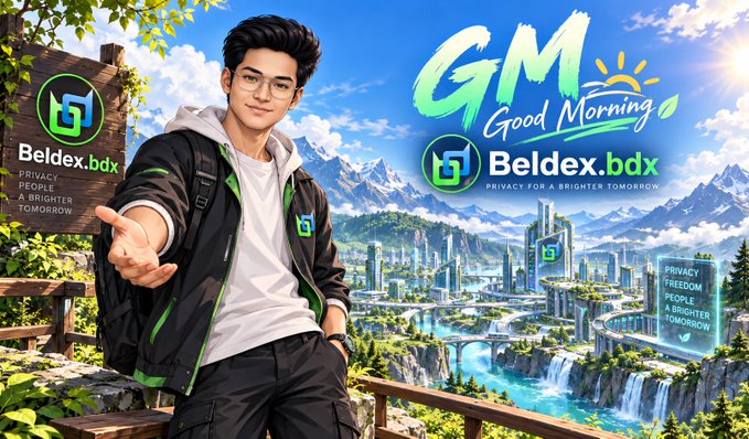 A friendly illustrated character with "GM Good Morning" alongside Beldex.bdx branding ("Privacy for a Brighter Tomorrow") appears against a vibrant futuristic cityscape, visually introducing the morning announcement about Beldex's wallet extension security update.